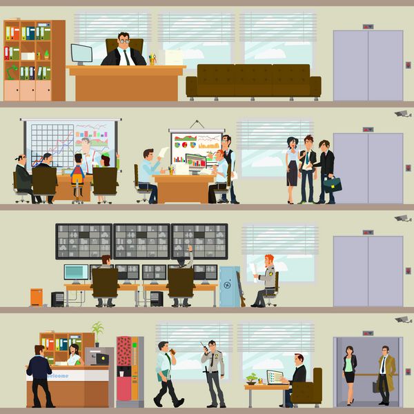 صحنه هایی از افرادی که در دفتر کار می کنند دفتر داخلی وکتور به سبک مسطح ساختمان اداری باز sp با افراد شاغل