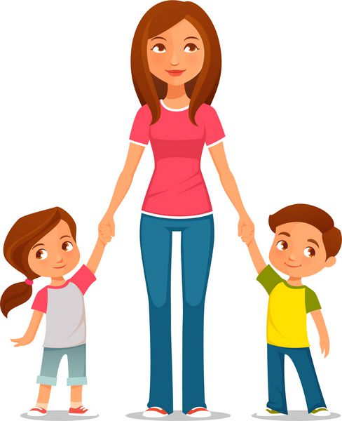تصویر کارتونی زیبا از مادر با دو بچه