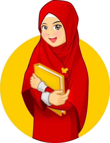 تصویر کارتونی وکتور زن مسلمان با قیافه بالا با کتابی در آغوش گرفته است