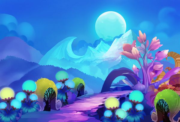 تصویر جنگل رنگارنگ در طرف دیگر کوه برفی با ماه سردی که در آسمان می خزند نسخه 2 با برخی از گیاهان حذف شده است سبک کارتونی واقع گرایانه طراحی کاغذ دیواری صحنه
