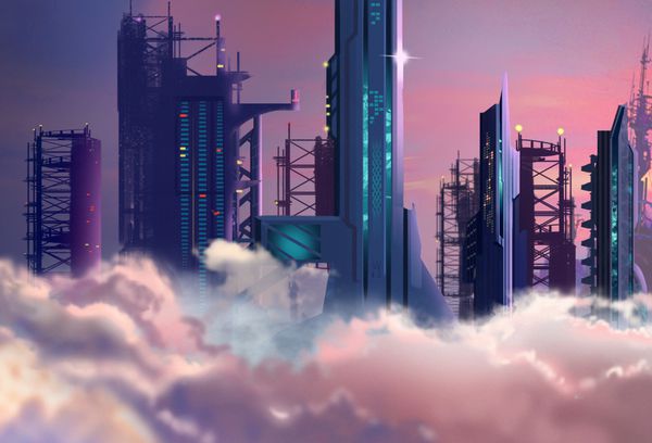 تصویر شهر آینده ساخته شده در بالای ابرها در سال 2048 سبک کارتونی واقع گرایانه طراحی پس زمینه صحنه علمی تخیلی