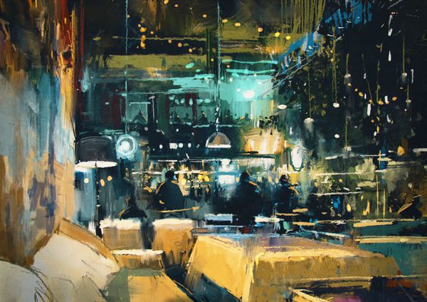 نقاشی رنگارنگ داخلی و رستوران در شب