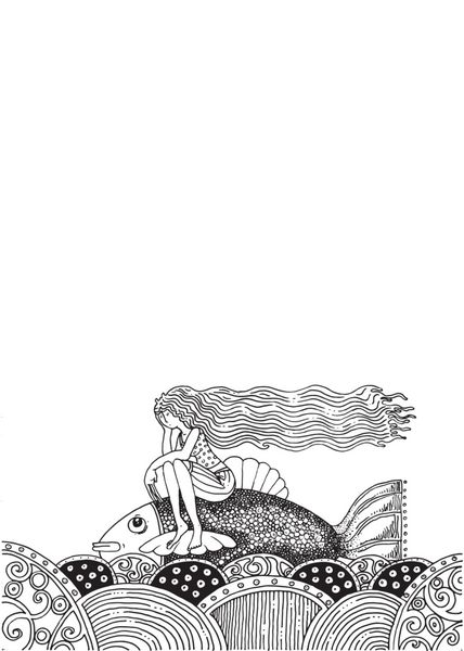 تصویر دختری سوار بر ماهی بر روی یک داستان تزیینی اقیانوسی فانتزی سورئال