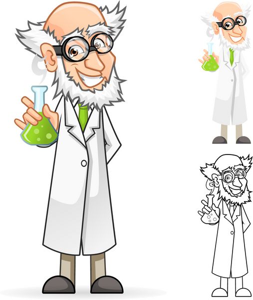 شخصیت کارتونی دانشمند با کیفیت بالا که یک لیوان را در دست دارد با احساس عالی شامل طراحی تخت و نسخه هنری خطی است