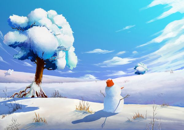 تصویر میدان برفی زمستانی با آدم برفی طراحی پس زمینه صحنه فوق العاده به سبک کارتونی