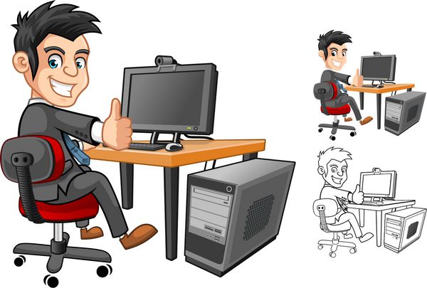 افسر یا کارمند یا مرد تاجری که پشت میز نشسته است شخصیت کارتونی که با کامپیوتر کار می کند و با حرکت دست به سمت بالا کار می کند شامل طرح صاف و وکتور نسخه مشخص شده است