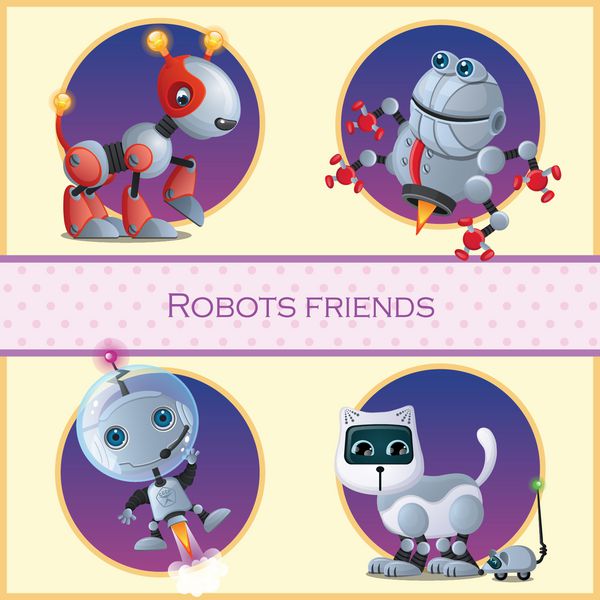 دوست ربات چهار شخصیت کارتونی جدا شده وکتور - سگ ربات زیبا سوسک ربات فضانورد ربات و ربات گربه و موش