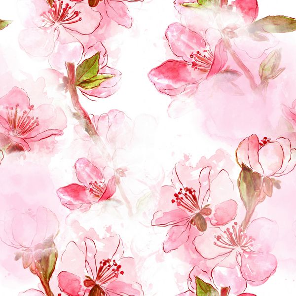 شکوفه های گیلاس ژاپنی ظریف - آثار هنری دیجیتال و آبرنگ - الگوی بدون درز برای منسوجات پارچه ها سوغاتی ها بسته بندی ها و کارت های تبریک