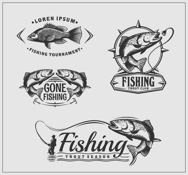 مجموعه ای از برچسب های ماهیگیری رترو و عناصر طراحی لوگوی یک رستوران غذاهای دریایی طراحی وکتور