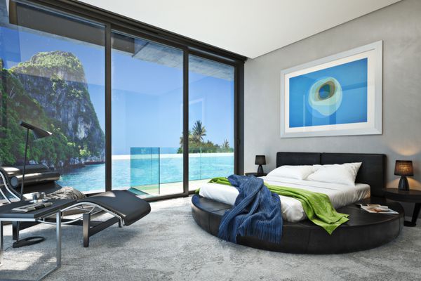 اتاق خواب مدرن با منظره ای از خلیج باشکوه ساحلی اقیانوس رندر سه بعدی واقع گرایانه