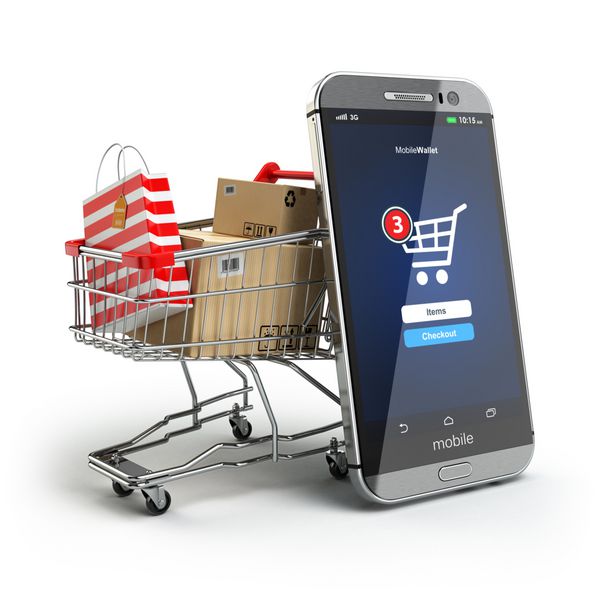 مفهوم خرید آنلاین تلفن همراه یا گوشی هوشمند با سبد خرید و جعبه و کیف 3 بعدی