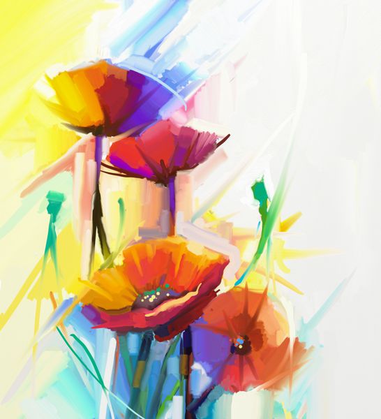 نقاشی انتزاعی رنگ روغن گل بهاری طبیعت بی جان از خشخاش زرد صورتی و قرمز دسته گل های رنگارنگ با زمینه زرد روشن سبز و آبی سبک امپرسیونیستی گلدار نقاشی شده با دست