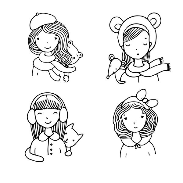 دخترای زیبا با کلاه وکتور دست کشیده در پس زمینه سفید کتاب رنگ آمیزی خرس موش و گربه