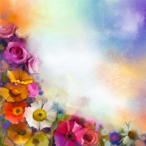 نقاشی انتزاعی با آبرنگ گل رنگ دستی به رنگ سفید زرد صورتی و قرمز گل های گل مروارید- ژربرا و رز به رنگ ملایم روی زمینه رنگی ملایم آبی-سبز طبیعت فصلی گل بهاری