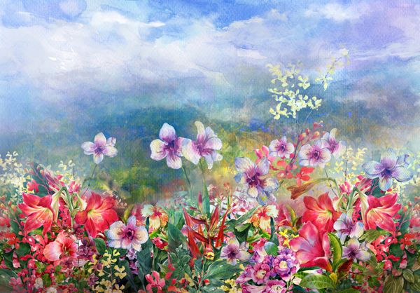 منظره گلهای رنگارنگ سبک نقاشی آبرنگ نقاشی دیجیتال