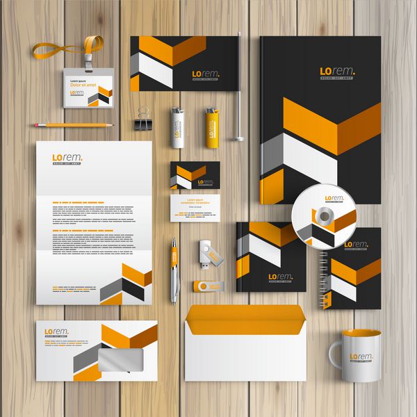 طراحی الگوی هویت شرکتی مشکی کلاسیک با عناصر هندسی زرد لوازم التحریر تجاری