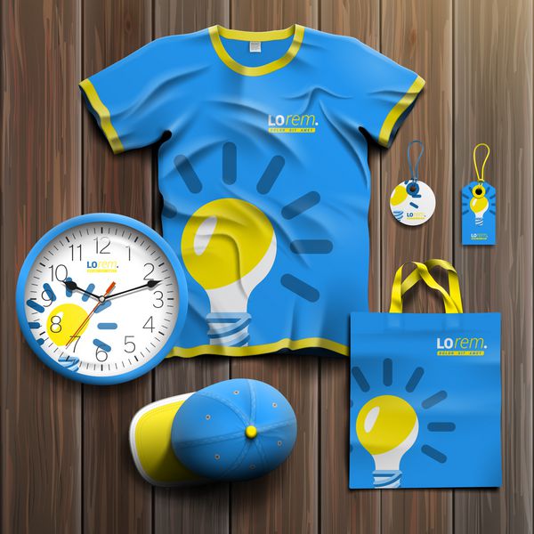 طراحی سوغاتی تبلیغاتی آبی برای هویت سازمانی با لامپ زرد مجموعه لوازم التحریر