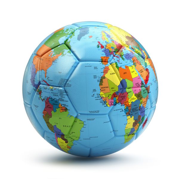 مفهوم قهرمانی جهان توپ فوتبال یا فوتبال با نقشه جهان 3 بعدی