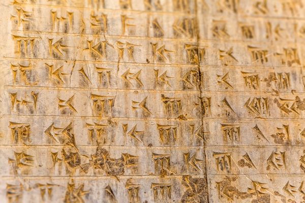 بخشی از جزئیات خط میخی باستانی در نمای پلکانی آپادانا در تخت جمشید ایران
