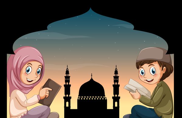 تصویر دختر و پسر مسلمان در حال خواندن کتاب