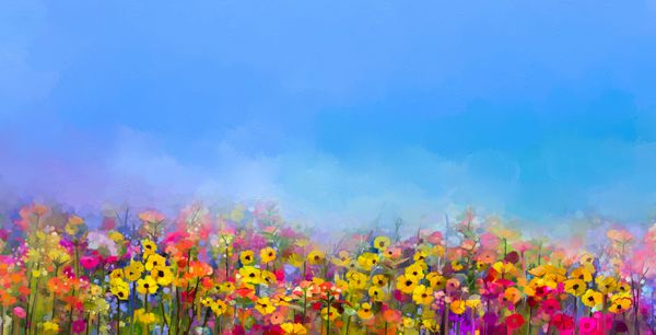 نقاشی رنگ روغن هنر انتزاعی از گل های تابستان-بهار گل ذرت گل دیزی در مزارع منظره چمنزار با گل وحشی پس زمینه رنگ آسمان بنفش آبی رنگ دستی به سبک امپرسیونیستی گل