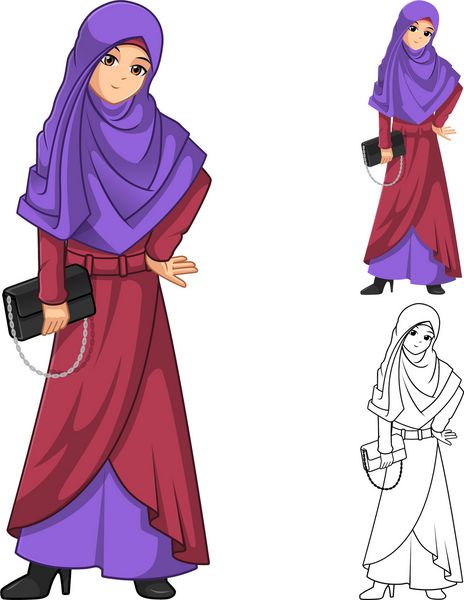مد زنان مسلمان با چادر یا روسری بنفش با در دست گرفتن یک کیف دستی مشکی شامل طرح تخت و وکتور شخصیت کارتونی نسخه برجسته