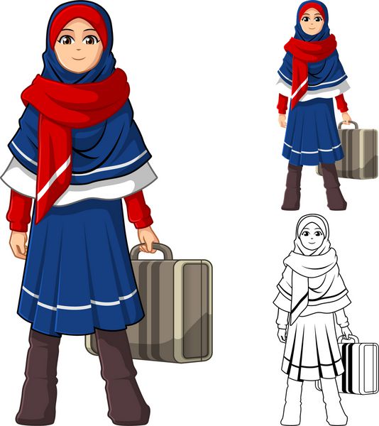 مد دختر مسلمان با چادر یا روسری قرمز آبی با در دست گرفتن چمدان و لباس زمستانی شامل طرح تخت و وکتور شخصیت کارتونی نسخه برجسته