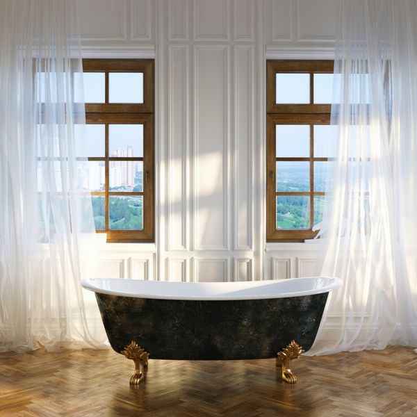 حمام بزرگ با وان آهنی قدیمی در مرکز و پنجره های بزرگ در فضای داخلی کلاسیک جدید رندر سه بعدی