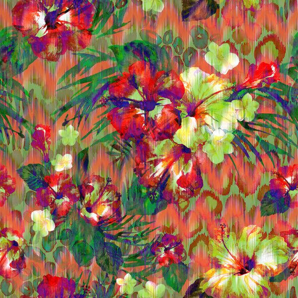 الگوی گل بدون درز گل های گرمسیری هیبیسکوس روی زیور آلات قبیله ای شورون نقاشی آبرنگ با لایه بندی جلوه های هنری الگوی ناواجو زیگ زاگ
