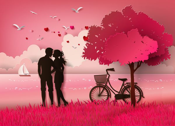 تصویر عشق و روز شبح زوج ایستاده در ساحل سبک هنری کاغذی