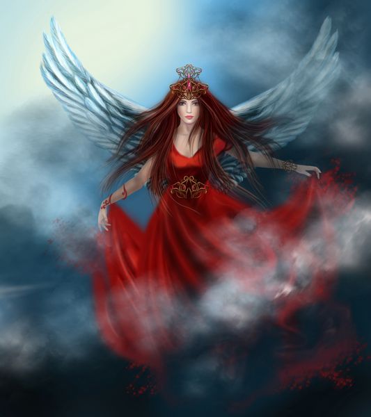 زن ملکه با بالهایی با لباس قرمز در ابرها در آسمان تصویرسازی فانتزی
