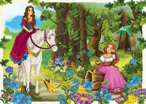 دختر کارتونی سوار بر اسب سفید - شاهزاده خانم یا ملکه - تصویر برای کودکان