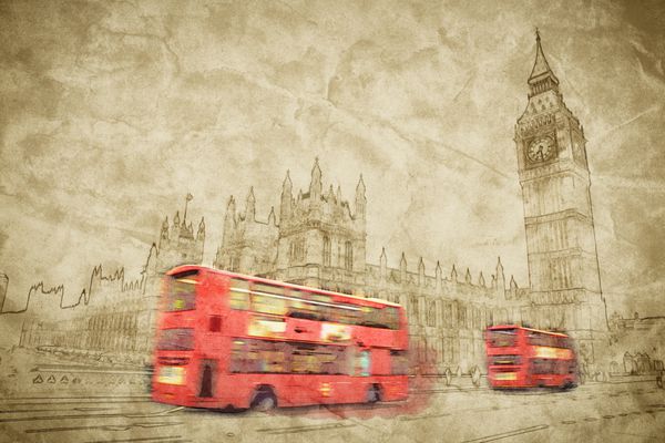 طراحی دیجیتال هنری لندن انگلستان اتوبوس قرمز در حرکت و بیگ بن رفیق وست مینستر نمادهای انگلستان در سبک قدیمی و رترو