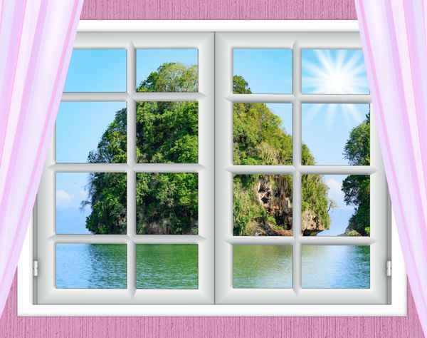 نمای اقیانوس از پنجره در جزیره روز آفتابی تابستان