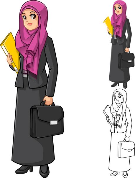 تاجر مسلمان با چادر یا روسری فوشیا با وکتور شخصیت کارتونی کیف در دست دارد