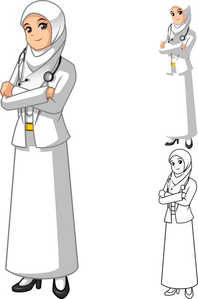 پزشک زن مسلمان با چادر یا روسری سفید با دست‌های جمع شده تصویر وکتور شخصیت کارتونی