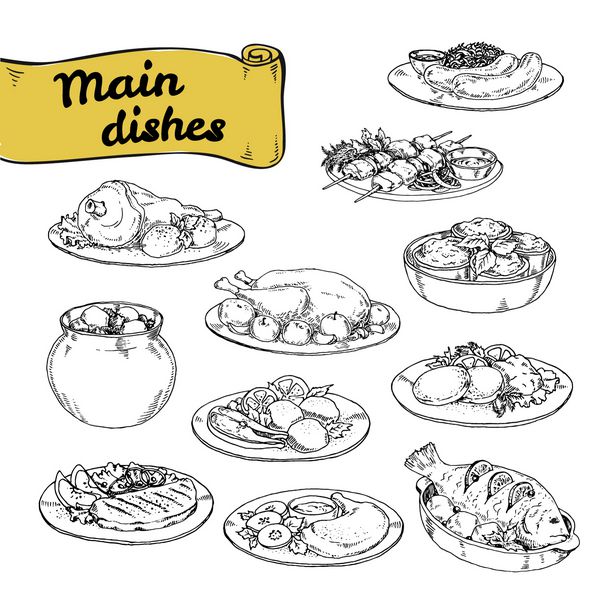 مجموعه وکتور وکتور از دوره های اصلی طراحی رستوران و کافه ست نقاشی دستی ظروف گوشت و ماهی با مخلفات غذاهای اروپایی