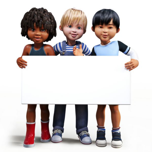 سه پسر که یک تابلوی سفید علامت خالی با فضایی برای متن شما در دست گرفته اند یا تبلیغات sp را روی پس زمینه سفید کپی کنید