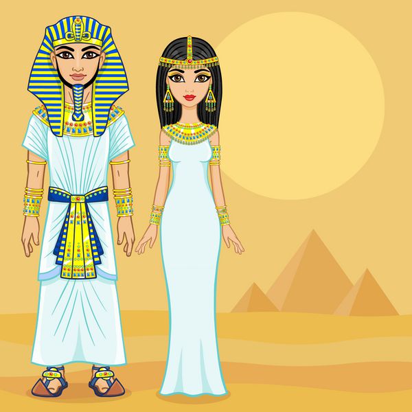 انیمیشن خانواده مصری در لباس های باستانی رشد کامل پس زمینه - صحرا و اهرام