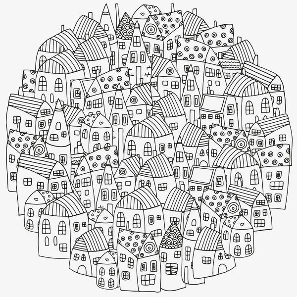 الگوی کتاب رنگ آمیزی با خانه های هنرمندانه پس زمینه خیابان ساخته شده توسط tr از طرح قلم جوهر زنتاگل الگوی سیاه و سفید در وکتور