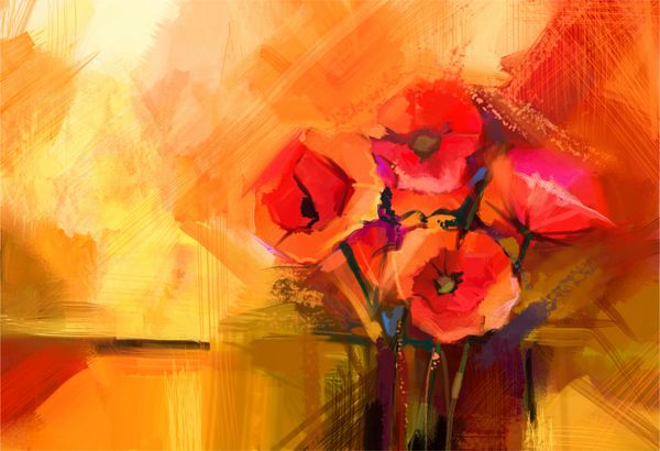 نقاشی انتزاعی رنگ روغن طبیعت بی جان گل خشخاش قرمز دسته گل های رنگارنگ بهاری با زمینه زرد روشن و قرمز به سبک امپرسیونیستی مدرن نقاشی شده با گل