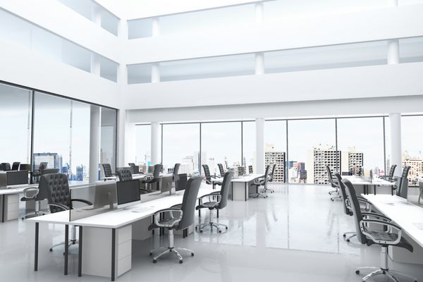 دفتر مدرن با اسپ باز و پنجره های بزرگ رندر سه بعدی