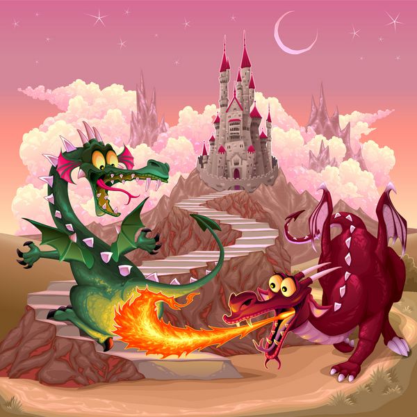 اژدهاهای خنده دار در یک منظره فانتزی با قلعه وکتور کارتونی