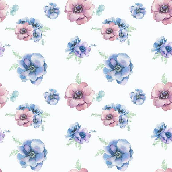 الگوی بدون درز گل های شقایق آبرنگ بافت تکراری رنگ پاستلی با گل برگ و انواع توت ها کاغذ دیواری قدیمی