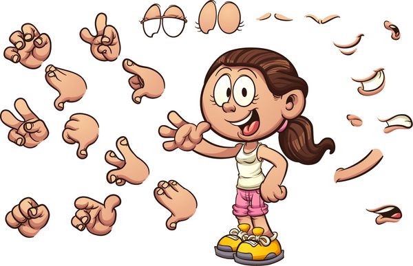 دختر کارتونی با ژست ها و حالت های مختلف وکتور وکتور کلیپ آرت با شیب های ساده برخی از عناصر در لایه های جداگانه هستند