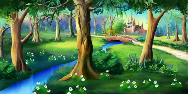 جنگل جادویی در اطراف قلعه افسانه نقاشی دیجیتال از جنگل جادویی در نزدیکی قلعه افسانه تصویرسازی افسانه ای پلید