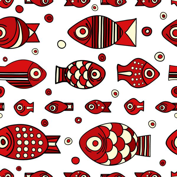 وکتور الگوی ماهی بدون درز پس زمینه تکرار شونده دستی با ماهی قرمز و حباب مجموعه ای از ماهی الگوی دریا عالی برای صفحه وب کاغذ دیواری پارچه جلد پوستر عناصر دفترچه یادداشت و موارد دیگر