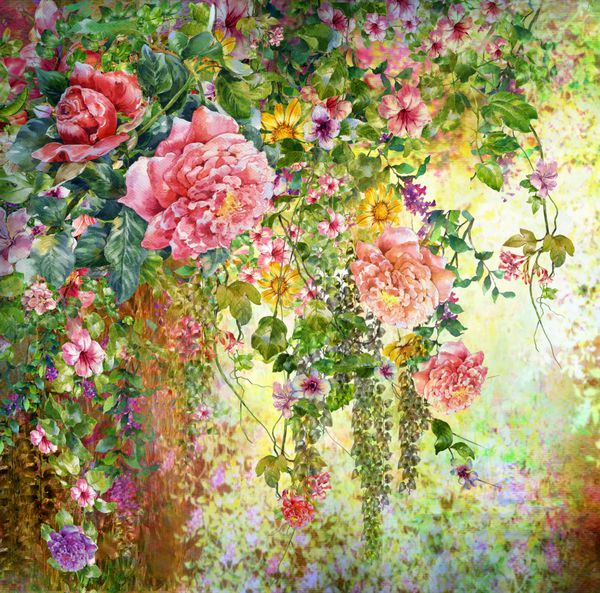 گل های انتزاعی نقاشی آبرنگ گل های رنگارنگ بهاری