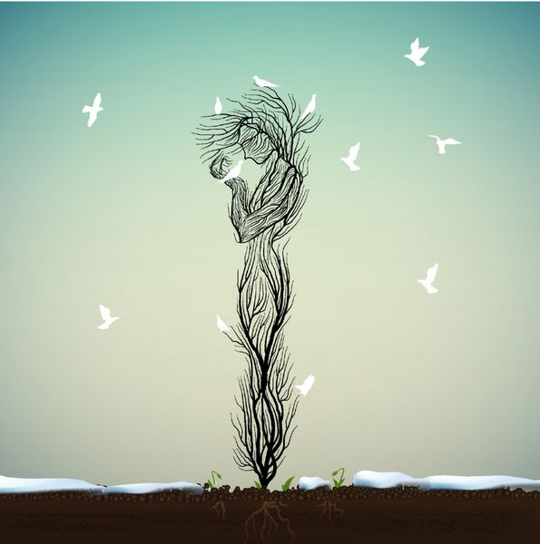 شبح درخت مانند یک زن دو پرنده سفید و بسیاری از کبوترهای سفید به سمت درخت پرواز می کنند مفهوم بهار ایده درخت زنده وکتور