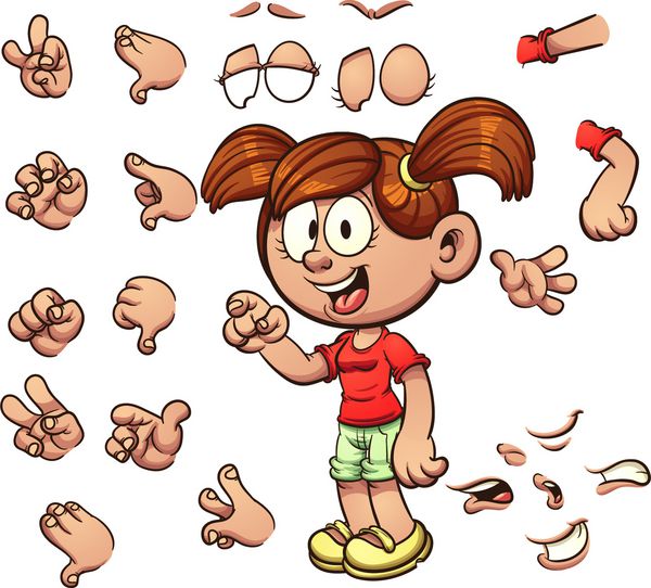 دختر کارتونی با عبارات مختلف وکتور وکتور کلیپ آرت با شیب های ساده اکثر عناصر در لایه های جداگانه